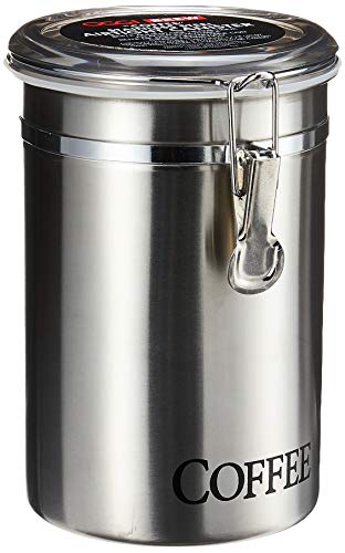 Oggi Stainless Steel Coffee Canister 62 fl oz - Airtight Clamp Lid, Clear See-Thru Top - Ideal for Coffee Bean Storage, Ground Coffee Storage, Kitchen Storage, Pantry Storage. Large Size 5' x 7.5'.