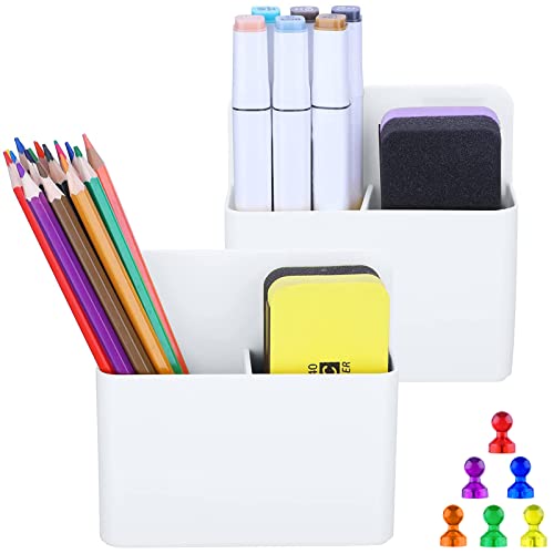 Antner 2 Pack Magnetic Dry Erase Marker Holders with Magnetic Push Pins, Whiteboard Marker Holder, Magnet Pencil Cup Dry Erase Storage Organizer for Whiteboard, Fridge, Metal Locker and Cabinet, White