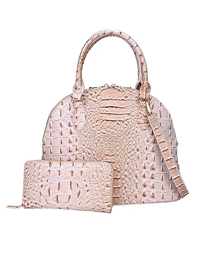 Dome Shape Satchel With Wallet Women’s Vegan Leather Crocodile-Embossed Pattern With Top Handle Tote Handbags Satchel Set (Beige)