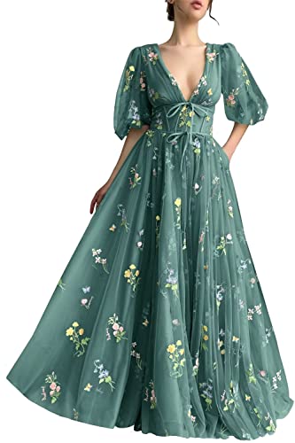 Wchecalino Puffy Sleeves Tulle Flower Embroidery Prom Dresses Long V Neck Quinceanera Floor Length Formal Evening Gowns for Teens Teal 8