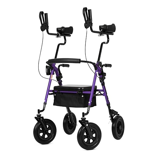 ELENKER All-Terrain Upright Rollator Walker, Stand Up Rolling Walker with 10’’Big PU Wheels and Adjustable Padded Armrests for Seniors from 4’8”to 6'4”, Purple