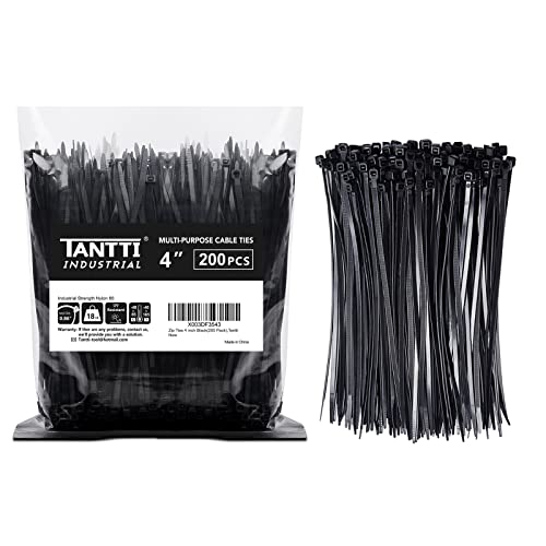 Zip Ties 4 inch, Small Zip Ties with 18 lb Tensile Strength, Black, 200 Pack, by Tantti Supply