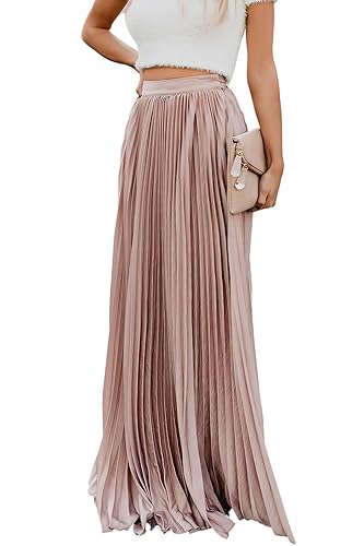 ebossy Women's High Waist Flowy Pleated Chiffon Maxi Skirt (Medium, Pink)