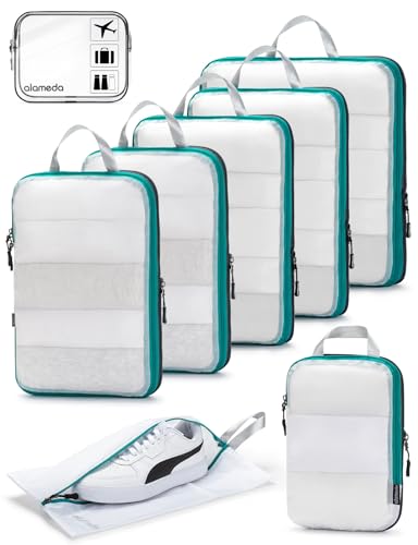 Large Compression Packing Cubes for Travel with See Through Mesh - Alameda 8 Set Packing Cubes for Suitcases Compression Series with Full-Zipper, Expandable Suitcase Organizer Bags Set, White