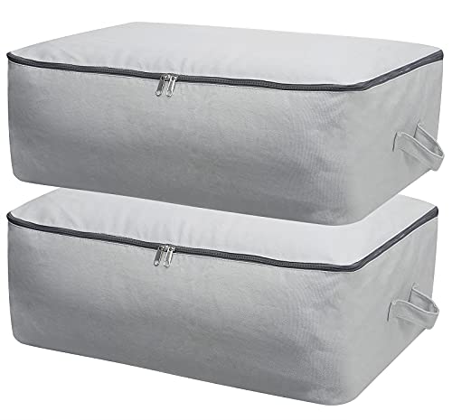 2PCS Durable Cotton Canvas, Soft Space Save Storage Bag Wardrobe Organizer with Handle & Zipper for Beddings, Comforters, Pillows, Blankets, Clothes, 25.6×18.5×8.7inch, Light Gray