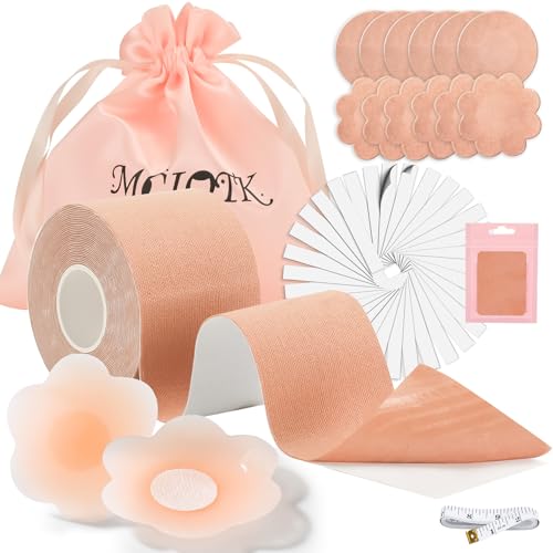 Boob Tape Kit - Boobytape for Breast Lift w 1 Body Tape, 2 Pcs Silicone Breast Petals,12 Pcs Satin Nipple Stickers, 36 Pcs Double Sided Tape, BoobTape for Large Breasts A-G Cup