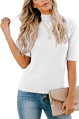LETSRUNWILD Mock Turtleneck Cute Dressy Tops for Women Casual Summer Business Tshirts Shirts Blouses Le/White-M