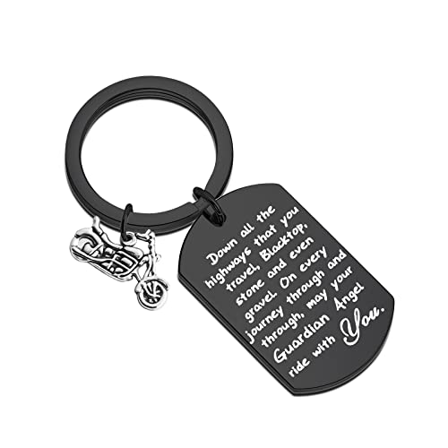 FUSTMW Biker Keychain Motorcycle Gift Ride Safe Keychain May Your Guardian Angel Ride with You New Driver Gift for Biker (Black)