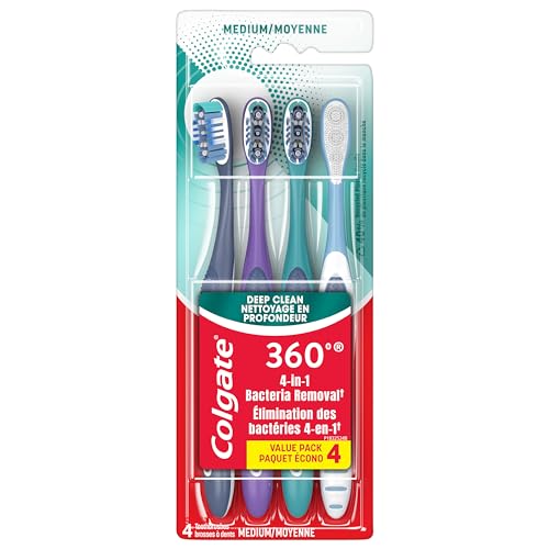 Colgate 360 Whole Mouth Clean , Medium Toothbrush for Adults, 4 Pack, Packaging May Vary