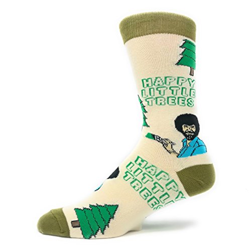 Men's Novelty Crew Socks, Exclusive Funny Socks for Bob Ross, Crazy Socks (Happy Little Tree), Size 8-13