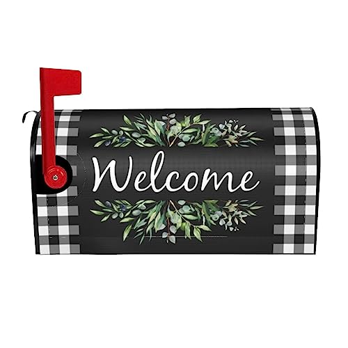 Wreath Buffalo Plaid Mailbox Covers, Welcome Magnetic Mailbox Cover, Plaid and Leaves Mail Box Covers for Garden Outdoor Decor 21 x 18 Inchs Black White