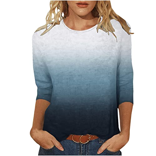 Classic Fit 3/4 Sleeve T Shirt for Women 2023 Trendy Ombre Tie Dye Tunic Tops Summer Casual Crewneck Slim Fitted Blouse