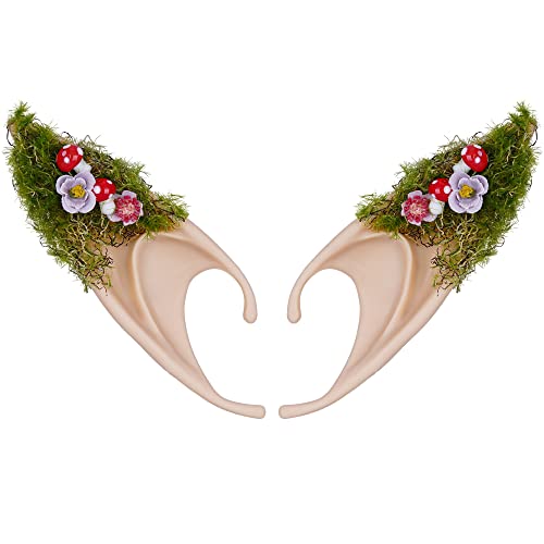 FRESHME Mushroom Elf Ears Adult - Handmade Soft Pixie Fairy Ears with Moss Mushroom and Flower Non Piercing Woodland Forest Elven Ear Cuffs for Women Renaissance Cosplay Party Costume Accessories