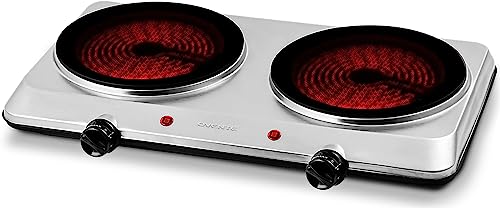 OVENTE Countertop Infrared Double Burner, 1500W Electric Hot Plate and Portable Stove with 7.5” Ceramic Glass Cooktop, 6 Level Temperature Setting and Easy to Clean Base, Silver BGI202S