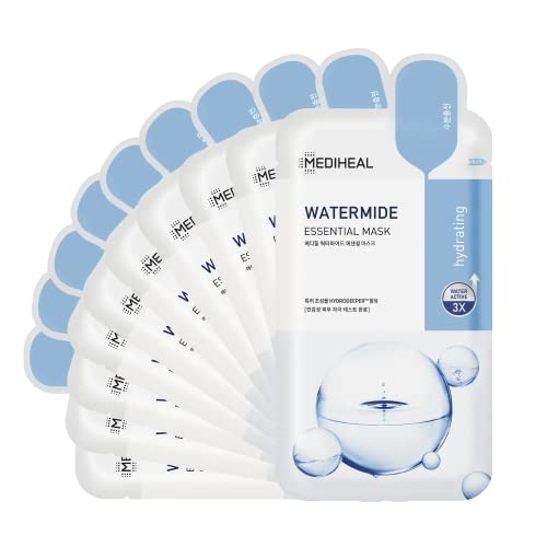 Mediheal Best Korean Watermide Essential Face Mask - 10 Hydrating and Moisturizing Sheet Masks With Water 3x Complex For All Skin Types