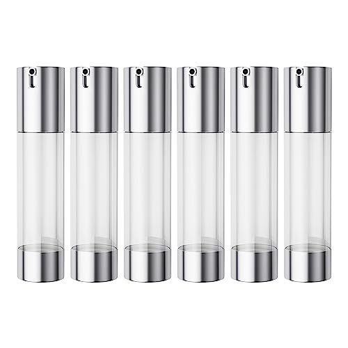LONGWAY 1.7oz/50ml Airless Pump Bottles Silver Airless Cosmetic Cream Pump Bottle Travel Size Dispenser Refillable Containers（Pack of 6）