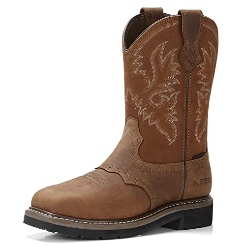 HISEA Men's Western Cowboy Boots Square Toe Steel Toe Work Boots Men's Safety Toe Leather Work Boots