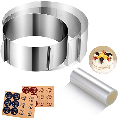 Cake Rings Mousse Mold Acetate Cake Collar Set - Adjustable 6 to12 Inches Stainless Steel Baking Rings Round Cake Molds with 5.5 x 394 Inch Clear Cake Acetate Sheet Rolls for Baking Pastry, Cake Decor