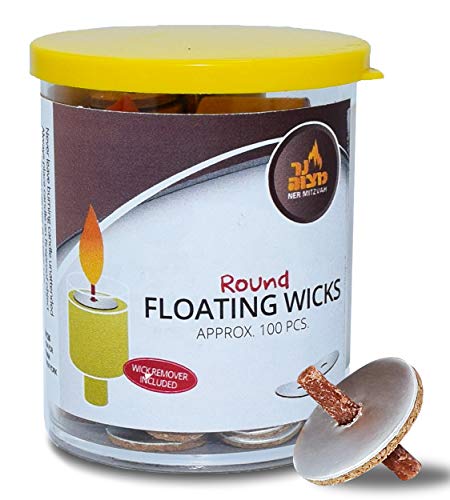 Round Floating Wicks - 100 Count (Approx.), Cotton Wicks and Cork Disc Holders for Oil Cups - Bonus Wick Removal Tweezers - by Ner Mitzvah
