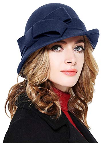Bellady Women Solid Color Winter Hat 100% Wool Cloche Bucket with Bow Accent,Navy