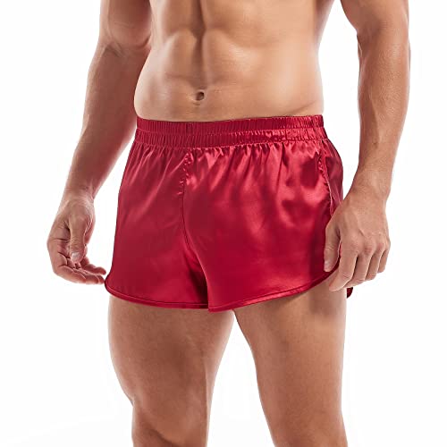 AMY COULEE Mens Satin Shorts Silk Boxers Sexy Split Side Lounge Shorts 3 Inch Pajama Bottoms (M, Red)