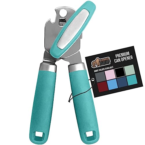 The Original Gorilla Grip Heavy Duty Stainless Steel Smooth Edge Manual Hand Held Can Opener With Soft Touch Handle, Rust Proof Oversized Handheld Easy Turn Knob, Large Lid Openers, Turquoise