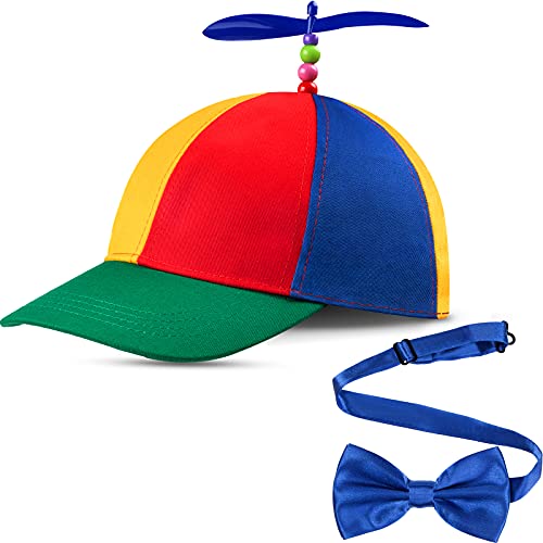 Propeller Top Cap Rainbow Detachable Hat Nerd Crazy Spinner Hat Silly Pinwheel Hat and Adjustable Bowtie for Adults Costumes (Blue,2 Pieces)