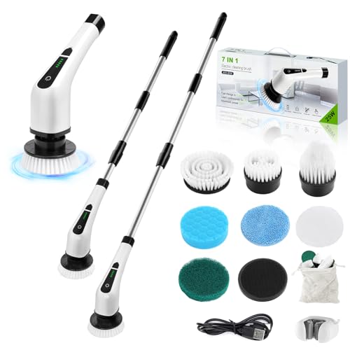 Dsenfurn Electric Spin Scrubber, Cordless Bathroom Tub Scrubber with Long Handle & 7 Replaceable Cleaning Heads, Extension as Short Handle, Portable Power Shower Brush Household Tools for Tile Floor
