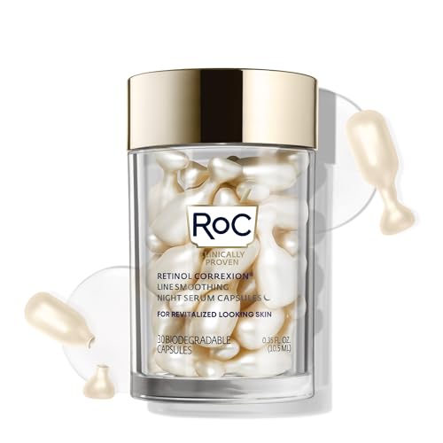 RoC Retinol Correxion Anti-Aging Wrinkle Night Serum, Daily Line Smoothing Skin Care Treatment for Fine Lines, Post-Acne Scars, 30 Individual Capsules, Unscented, 0.35 Fl Oz