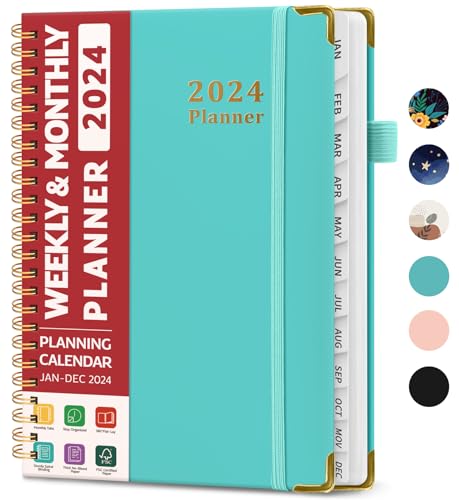 2024 Planner - Weekly and Monthly Planner Spiral Bound, Jan 2024 - Dec 2024, A5 (6.7' x 8.6'), Planner 2024 with Tabs, Inner Pocket, Helps To Keep Track Of Tasks - Aquamarine