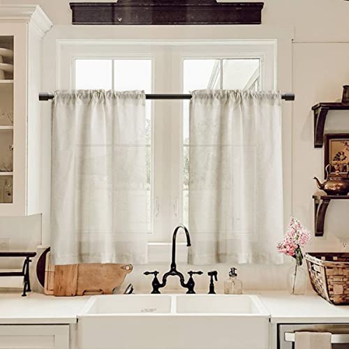 Farmhouse Boho Short Semi Sheer Curtains 24 Inch Length for Kitchen Over Sink Bathroom Rod Pocket Linen Cream Ivory RV Camper Small Cafe Tier Curtains for Basement Door Half Window Natural 2 Panels