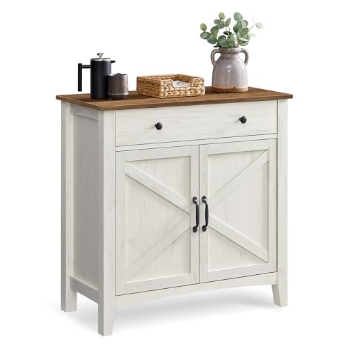 VASAGLE Buffet Cabinet, Sideboard Cabinet with Storage and Drawer, with Doors, Height Adjustable Shelf, Farmhouse Style, for Living Room, Kitchen, Rustic White and Honey Brown UBBK341W01