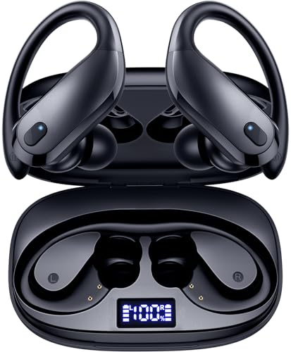 GNMN Bluetooth Headphones Wireless Earbuds Over Ear Buds 90H Playback IPX7 Waterproof Sports Earphones Deep Bass with Wireless Charging Case & Dual LED Power Display Earhooks Headset for Running Black