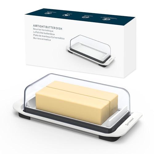 KITCHENDAO Airtight Butter Dish with Lid for Countertop and Fridge,Large Butter Keeper, Dishwasher Safe, Plastic Butter Holder Tray for 2 Sticks East Coast/West Coast/European Style/Kerrygold Butter