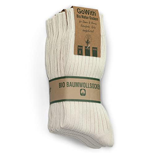 GoWith 4 Pairs Unisex Natural 97% Cotton Crew Socks, Comfy Cozy Breathable Seamless Casual Socks for Men & Women, Ecru, Medium, Model 3013