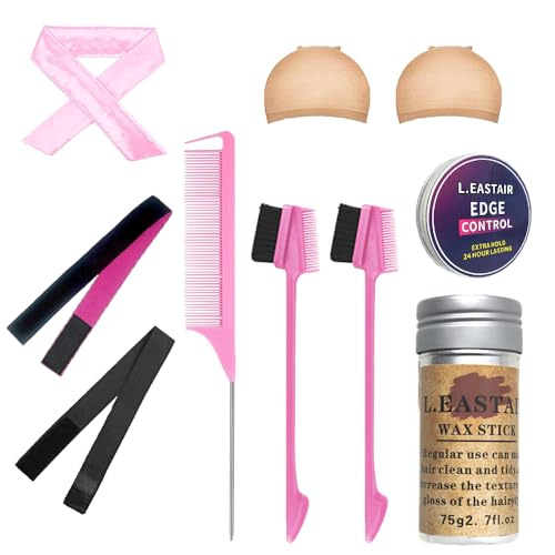 L.EASTAIR 11PCS Wig Kit for Lace Front Wigs for Beginners, Hair Wax Stick, Melting Band for Lace Front Wigs, Edge Laying Scarf, Stocking Wig Caps, Brush Hair Comb for All Hair Type (Pink)…