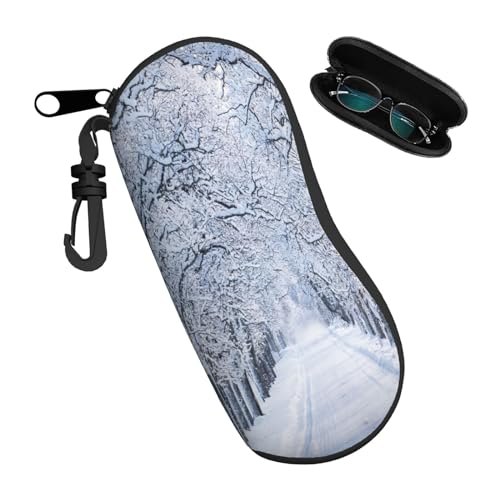 AOYEGO Alley in Snowy Morning Glasses Case Soft Eyeglass Case for Women Men Winter Snow Tree Road Snowflake Snowstorm Portable Zipper Sunglasses Case with Carabiner Hook