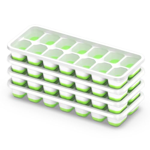 Ice Cube Tray with Lid, 4 Pack Durable Stackable Ice Cube Trays for Freezer with Removable Lids, Easy-Release Plastic & Silicone Ice Tray for Cocktail, Coffee