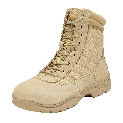 NORTIV 8 Mens Military Tactical Work Boots Side Zipper Hiking Leather Outdoor 8 Inches Motorcycle Combat Boots s Size 9 M US Trooper, Sand-8 Inches