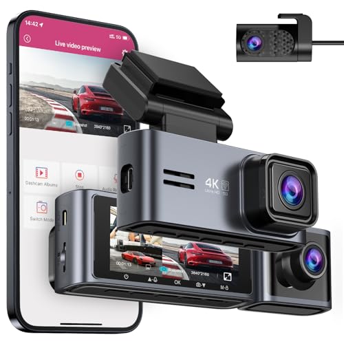 OMBAR Dash Cam 5G WiFi GPS, 3 Channel Dash Cam Front and Rear Inside 2K+1080P+1080P, 3.18' LCD Screen, 64GB Card Included, Dual Dash Camera for Cars 4K/2K/1080P+1080P IR Night Vision, WDR, G-Sensor
