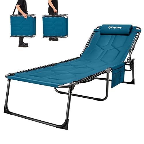 KingCamp Oversize Padded Folding Chaise Lounge Chair for Outdoor, Patio, Beach,Lawn, Sunbathing, Tanning, Pool, Lay Flat Heavy-Duty Adjustable Reclining Chairs with Pillow, Pocket, Support 330lb, Teal