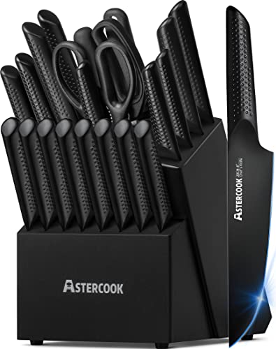 Astercook Knife Set, Kitchen Knife Set with Block and Sharpener, German Stainless Steel Handle One-Piece Design, 21 Pieces Knife Block Set Dishwasher Safe, Black