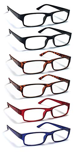 Boost Eyewear 6 Pack Reading Glasses, Traditional Frames in Black, Tortoise Shell, Blue and Red, for Men and Women, with Comfort Spring Loaded Hinges, Assorted Colors, 6 Pairs (+3.00)