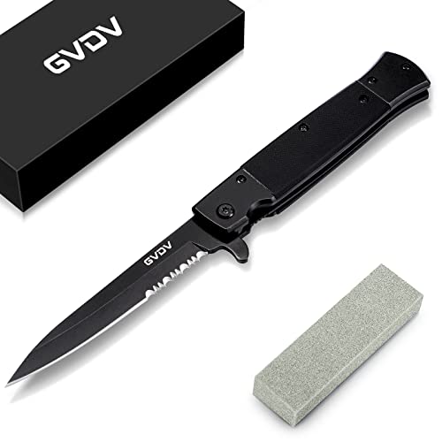 GVDV Folding Pocket Knife with G10 Handle, 7CR17 Stainless Steel EDC Knife with Safety Liner Lock, Hunting Camping Hiking Fishing Knife, Father's Day Gifts for Men Dad, Serrated