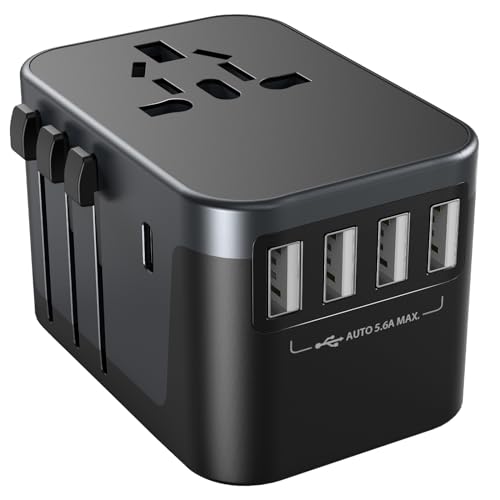 Universal Travel Adapter, Ortiny International Plug Adapter 4 USB A 1 USB C Ports, European Travel Power Adapto All-in-one Travel Charger Outlet Converter for Europe UK AUS Japan Covers 200+Countries