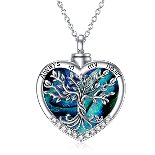 TOUPOP Heart Tree of Life Urn Necklace for Ashes Sterling Silver Abalone Shell Tree of Life Cremation Jewelry w/Funnel Filler Memorial Jewelry Gifts for Women Girls