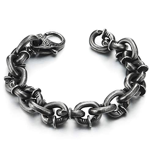 COOLSTEELANDBEYOND Mens Steel Nail Rolo Link Chain Bracelet, Tribal Tattoo Pattern Spring Clasp, Aged Metal Finishing