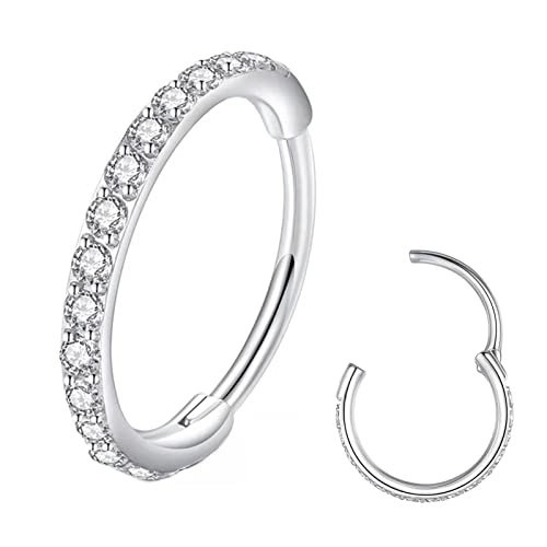 BLESSMYLOVE Clear CZ Silver 20G 8mm Nose Rings Hoop 316L Surgical Steel 20 gauge Cartilage Earrings Conch Daith Helix Rook Tragus Lobe Snug Body Piercing Jewelry Stainless Hinged Segment Lip