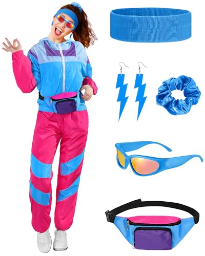 Ramede Halloween 80s Outfits Pullover Jacket Top Pants Set Neon Fanny Pack Sunglasses Earrings for Disco Accessories (Cool,Medium)