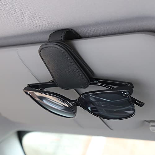 KIWEN Sunglasses Holders for Car Sun Visor, Magnetic Leather Glasses Eyeglass Hanger Clip for Car, Ticket Card Clip Eyeglasses Mount, Car Visor Accessories Gadgets(Black)